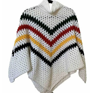 Handmade Crochet White Stripe  Turtleneck Poncho Cape